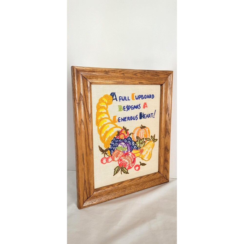 Vintage Framed Crewel Embroidery Hand Stitched Wall Art Basket Fruits Vegetables